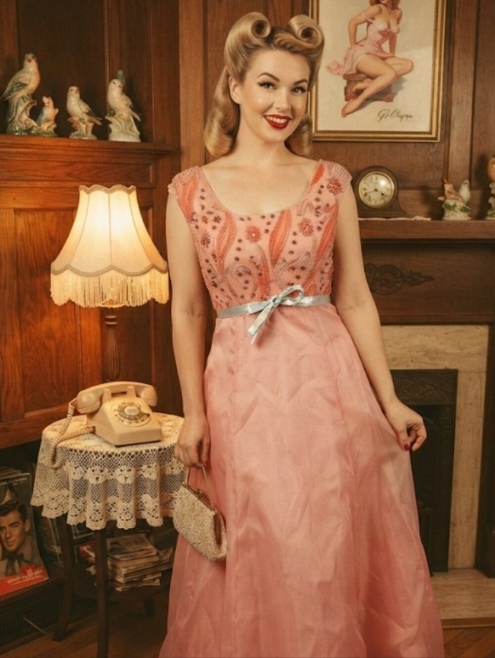 Vintage Pink Embellished Evening Dress